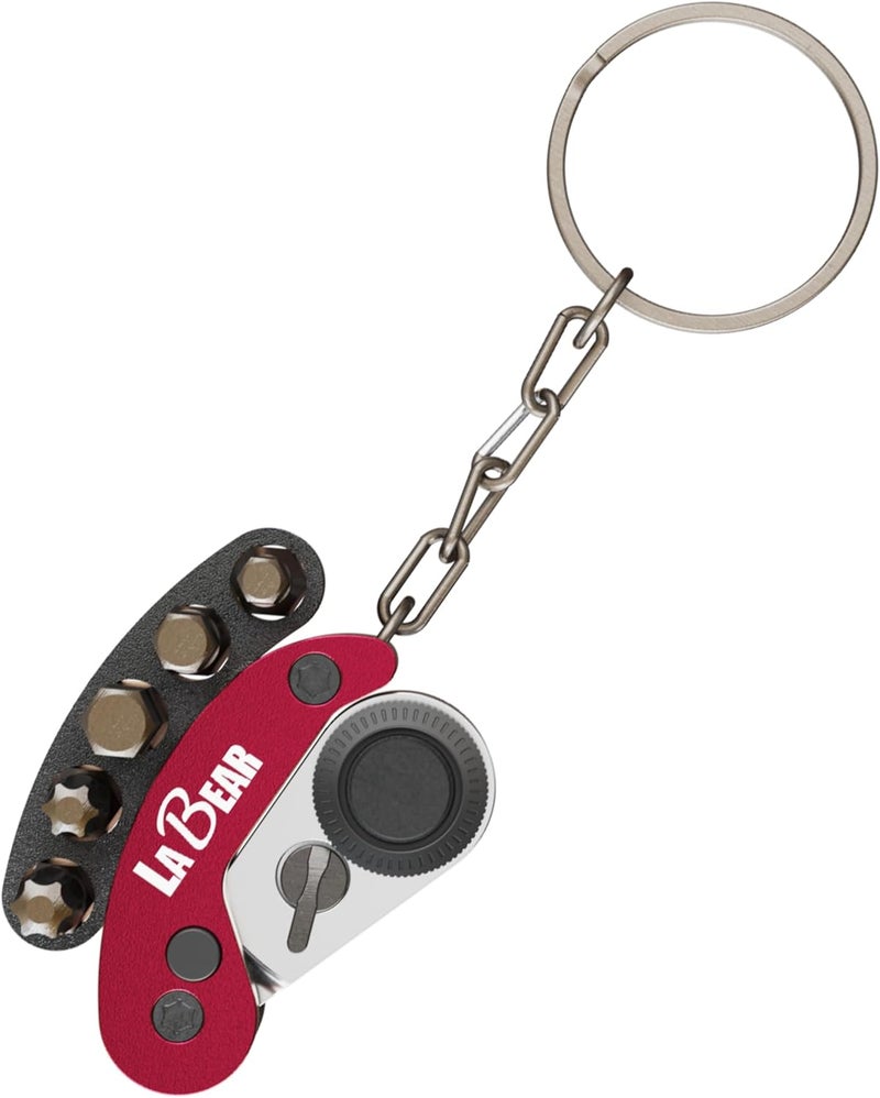 LABEAR Red Mini Folding Ratchet Screwdriver Set, 72-Tooth Reversible Pocket Ratchet Wrench with Magnetic, EDC Keychain Tool with 5pcs Bits (H4 H5 H6 T25 T30) for Bike, Car, Home Repair - Image 1